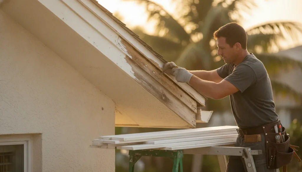 a roofer inspecting and replacing a damaged fascia board and soffit along a Florida roofline