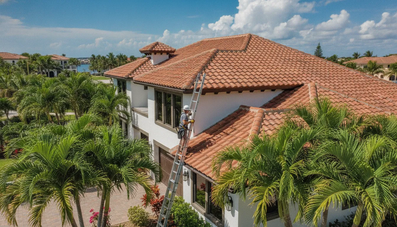 Tampa Bay coastal home with a terracotta clay tile roof under bright Florida sunlight
